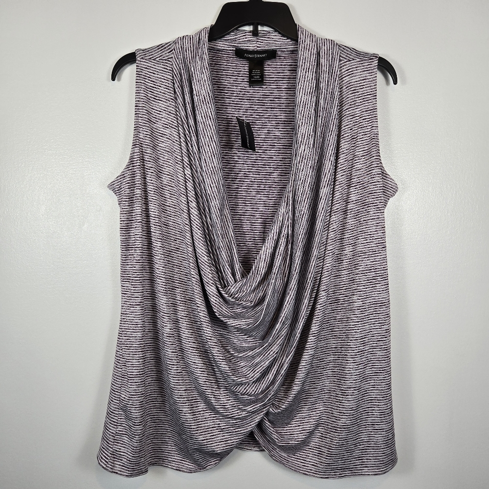 NEW Ashley Stewart Jersey Knit Purple Stripe Drapey Twist Front Top Plus 18/20